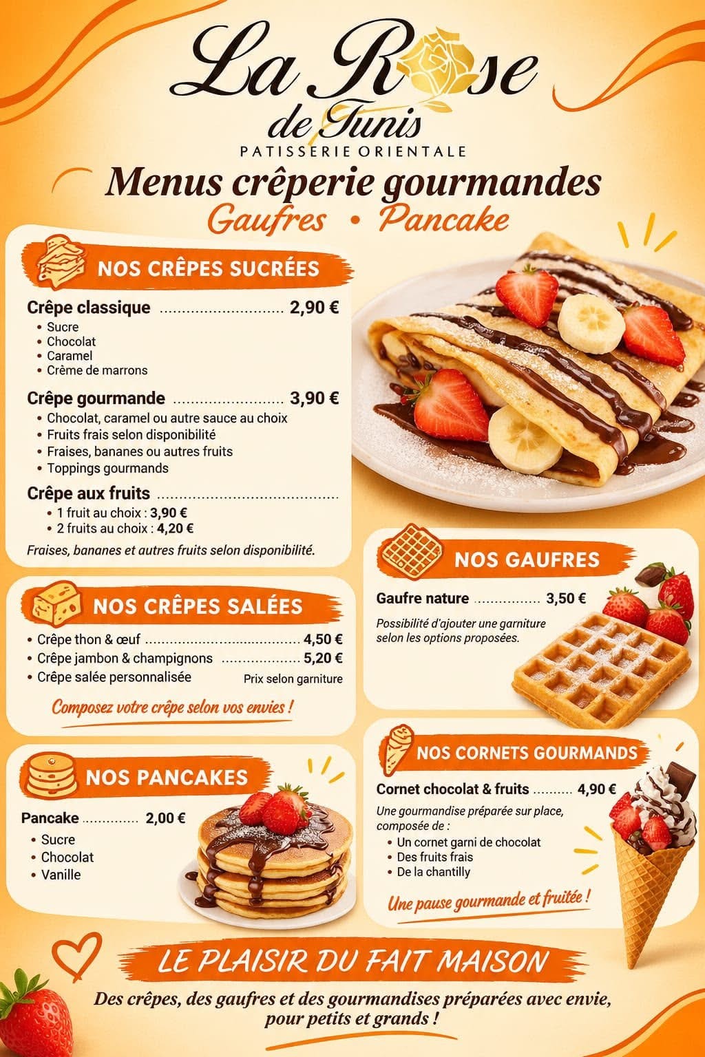 Carte Crêpes & gourmandises de La Rose de Tunis avec les produits et leurs prix