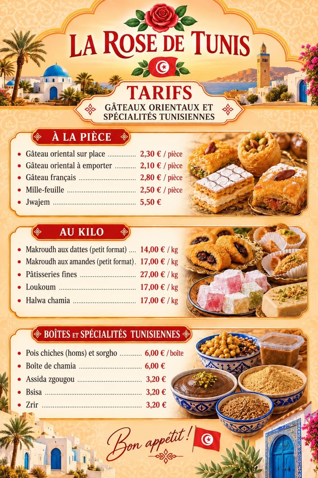 Carte Pâtisseries & spécialités de La Rose de Tunis avec les produits et leurs prix