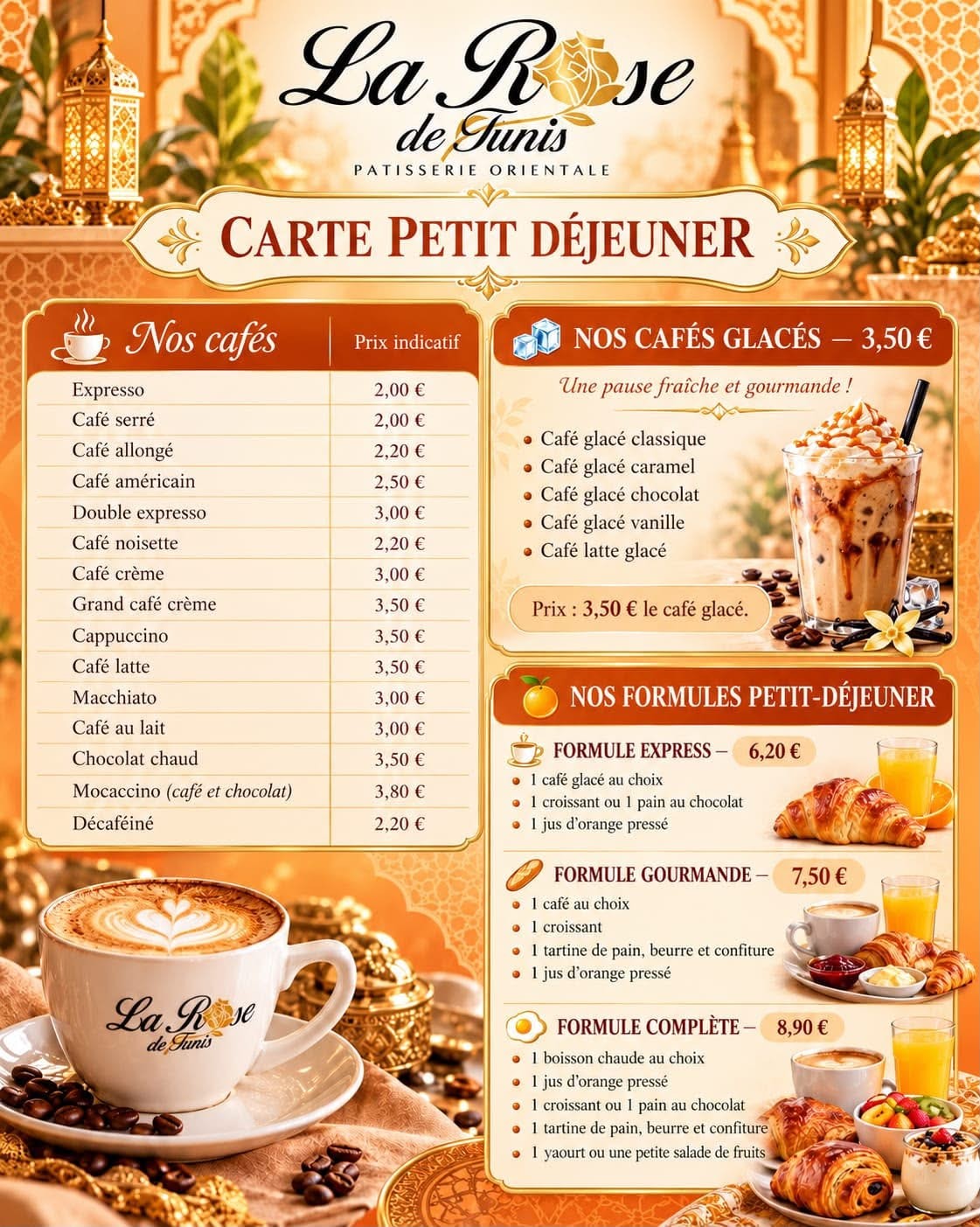 Carte Petit-déjeuner de La Rose de Tunis avec les produits et leurs prix
