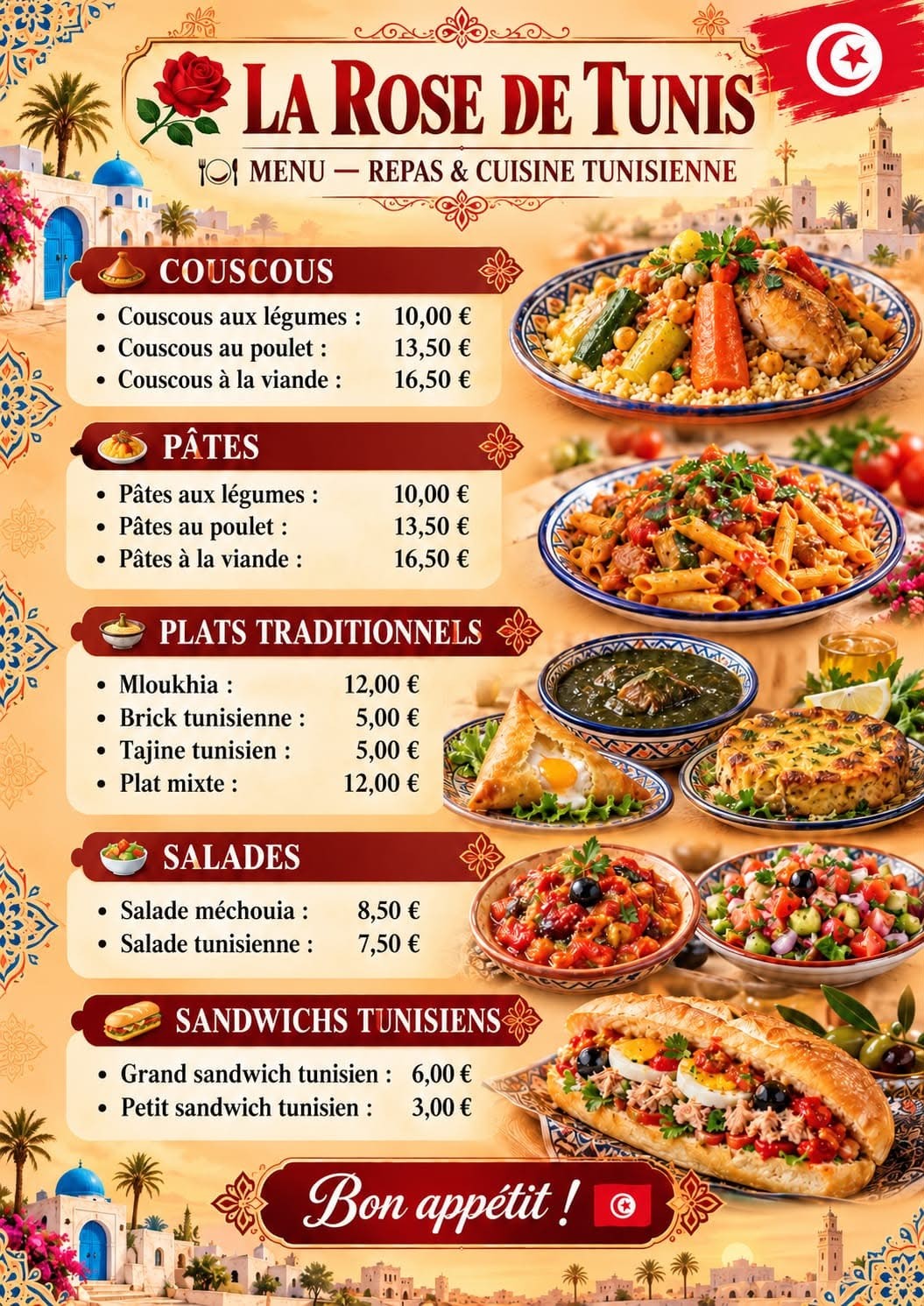 Carte Cuisine tunisienne de La Rose de Tunis avec les produits et leurs prix