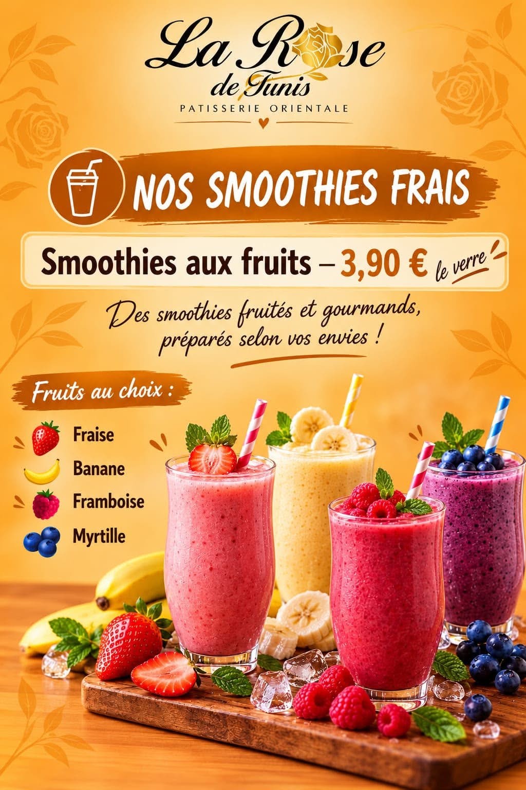 Carte Smoothies frais de La Rose de Tunis avec les produits et leurs prix